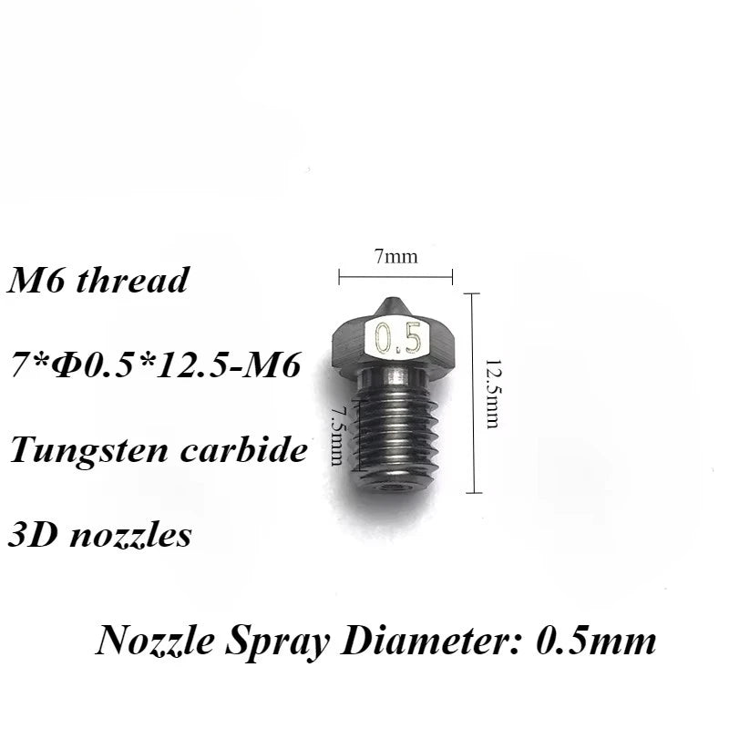 3D V6 Nozzle Solid Carbide 92.5hra Nozzle 3d Printer 0.4/0.5/0.6mm Nozzles for 3D Printer