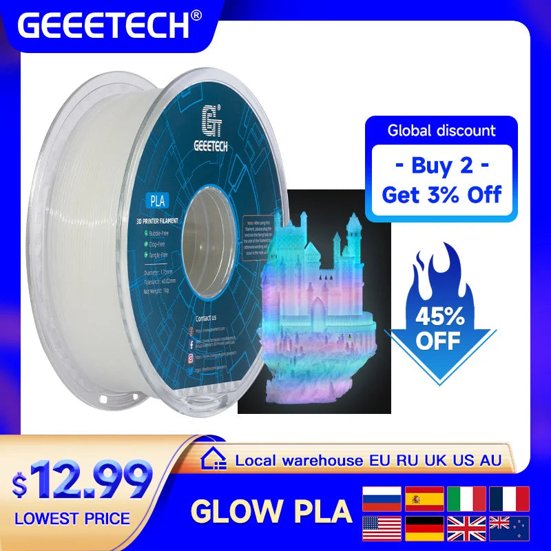 GEEETECH Glow PLA 1.75mm 1kg Glow in Dark for 3D Printing Night Light Luminous 8 Colors 3D Printer Material, Oversea Warehouse