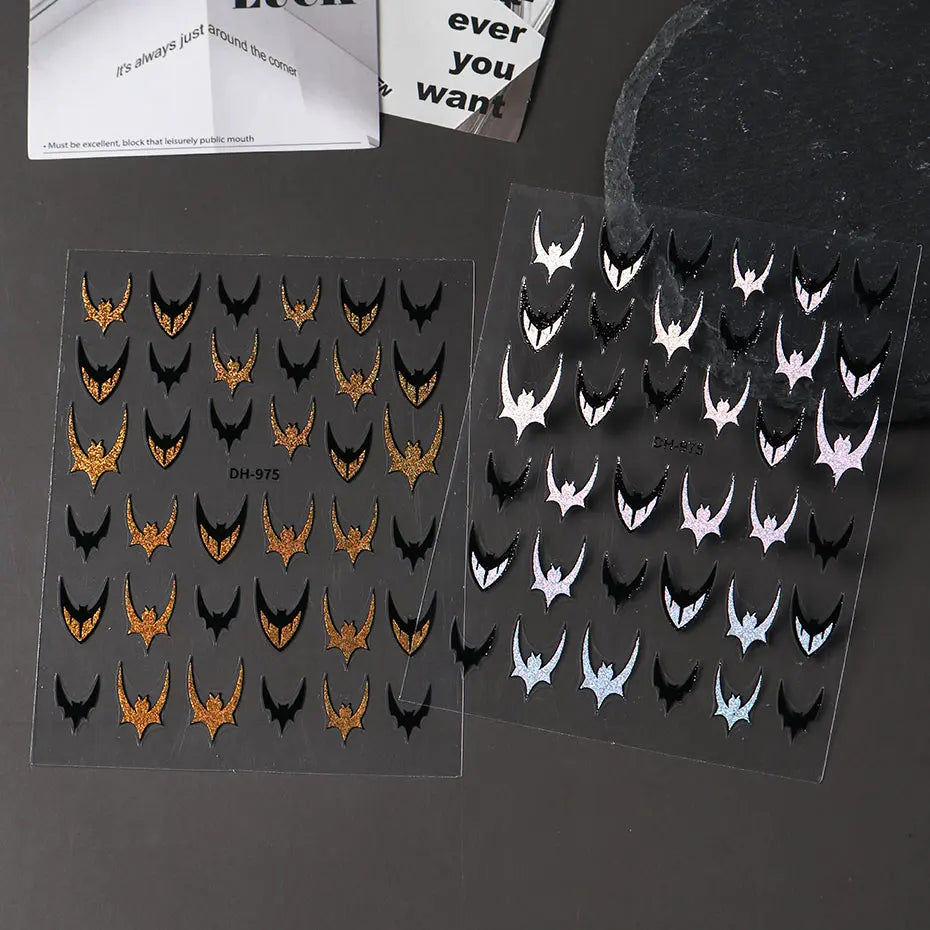 6pcs Bat Glitter French Tips Nail Sticker Laser Sparkle Halloween Bat Design Decals 3D Holo Charms Y2K Manicure Decoration