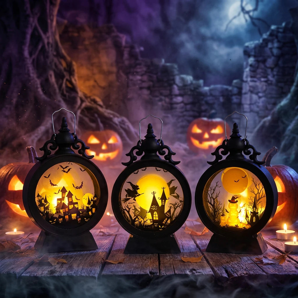 Set of three decorative Halloween lanterns with scenes on a white background