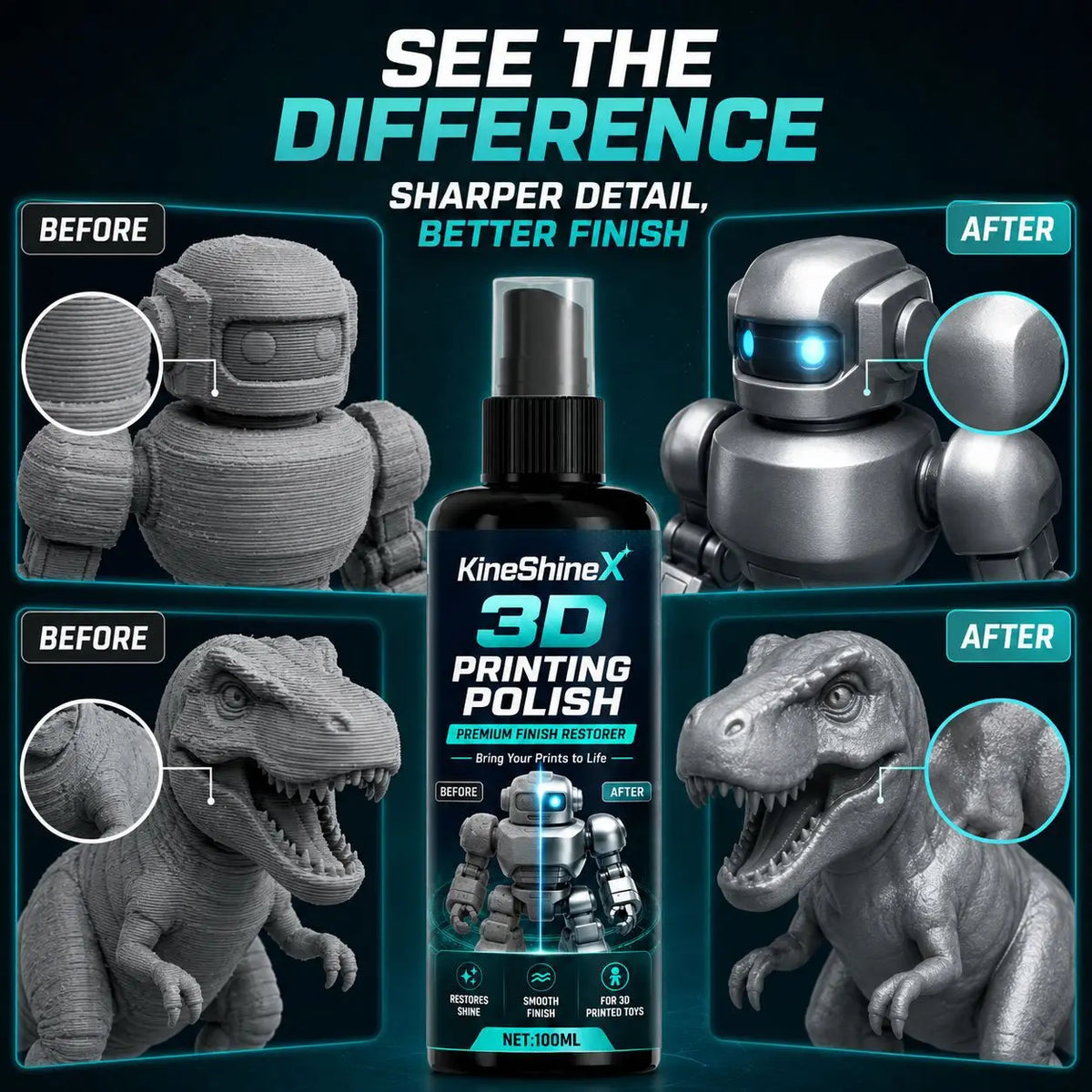 3D Printing Polish  100ml – Premium Finish Restorer for PLA, ABS & PETG Toys, Reduces Layer Lines, Restores Shine, Smooth Finish