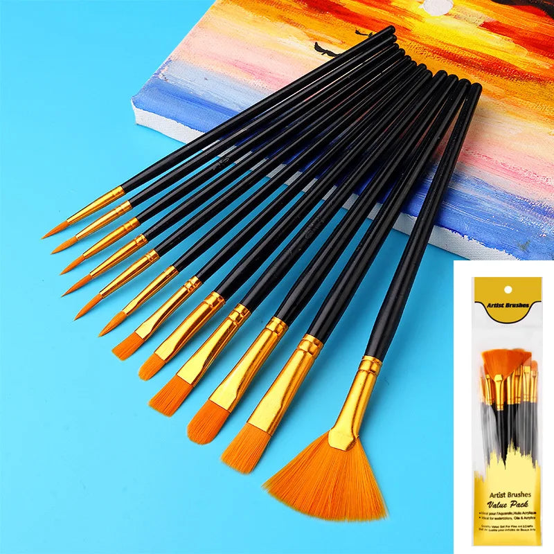 12pcs Nylon Bristle Brush Set Flat Brushes Watercolor Oil Paint For Artists Amateur And Acrylic Paintings Fabric Brushes