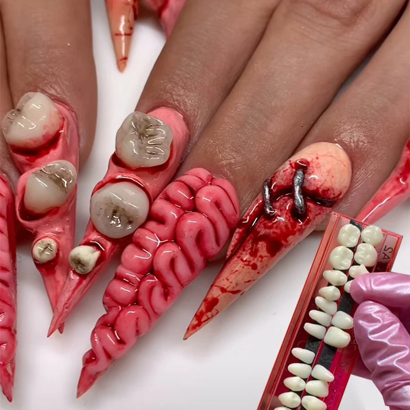 3D New Resin Crystal Blood Teeth Nail Charms Mixed Halloween Teeth DIY Jewelry Craft Decoration