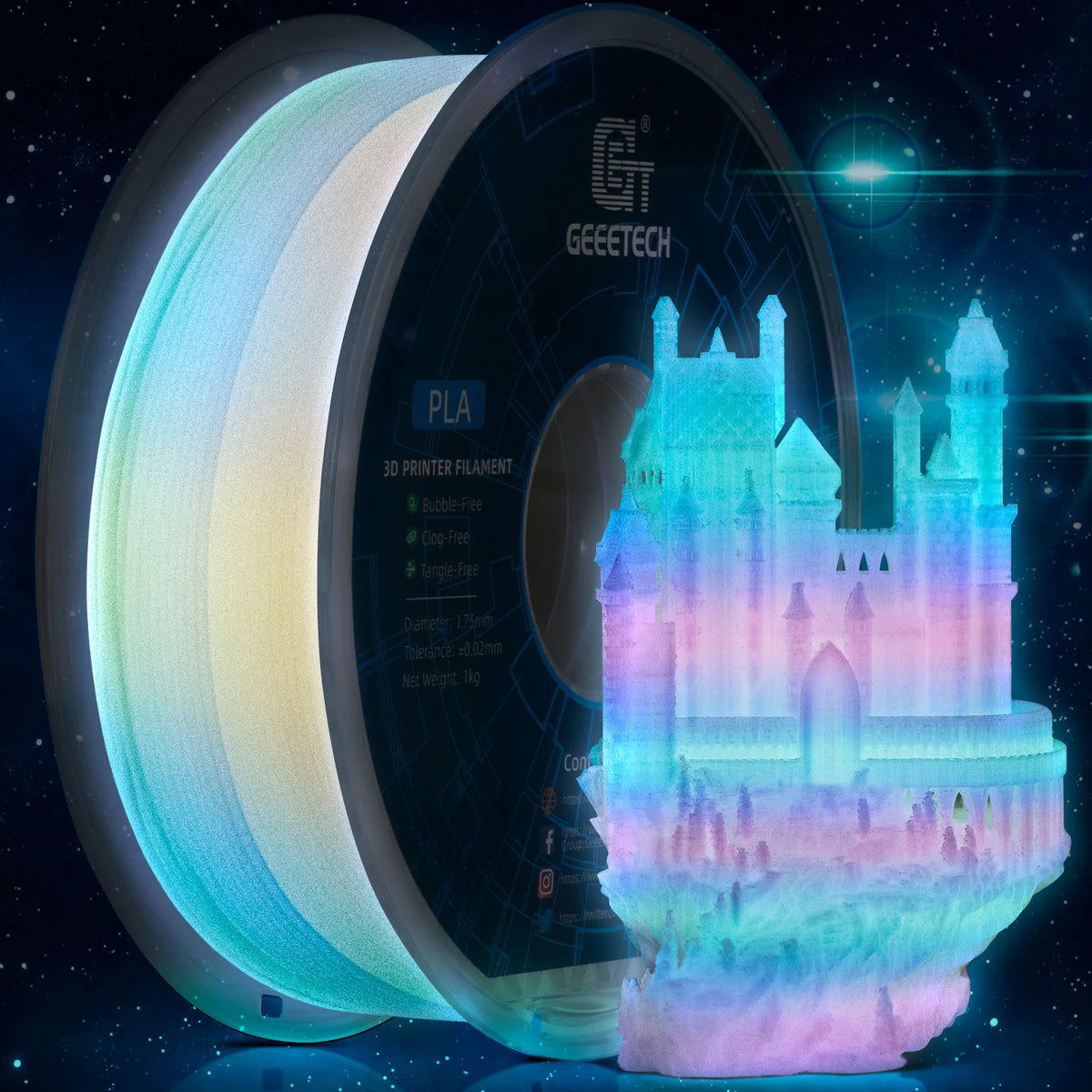 GEEETECH Glow PLA 1.75mm 1kg Glow in Dark for 3D Printing Night Light Luminous 8 Colors 3D Printer Material, Oversea Warehouse