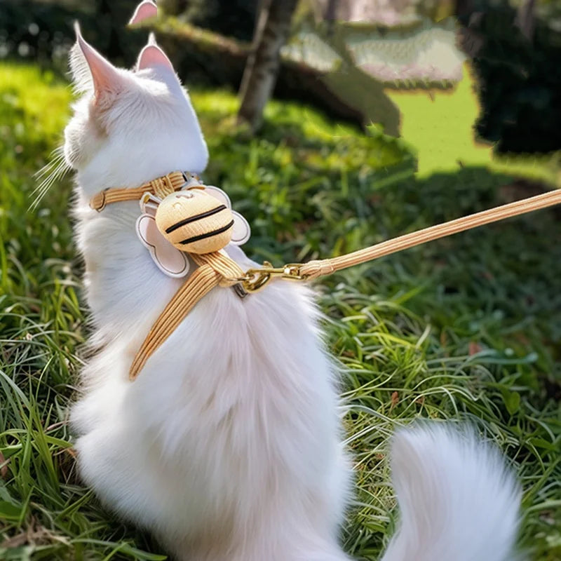 Cat Harness Leash Collar Set Adjustable Cartoon Bee Double Layer Dog Harness for Small Medium Pet Collar Leash Outdoor Walking