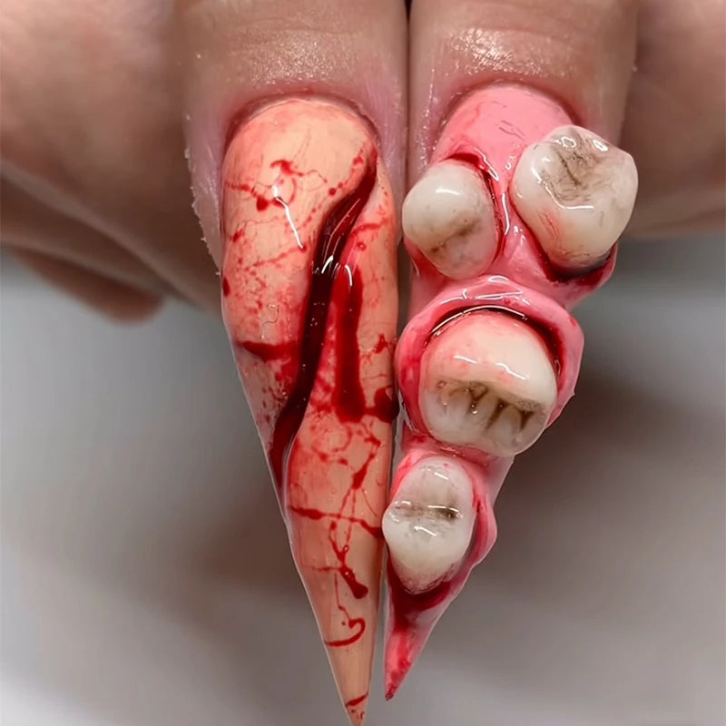 3D New Resin Crystal Blood Teeth Nail Charms Mixed Halloween Teeth DIY Jewelry Craft Decoration