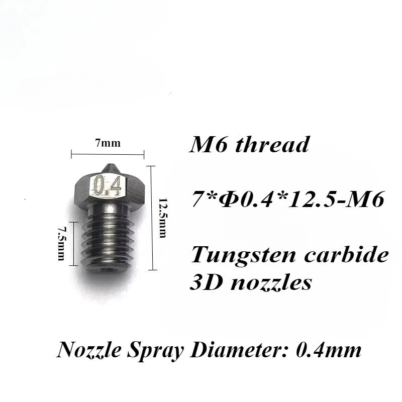 3D V6 Nozzle Solid Carbide 92.5hra Nozzle 3d Printer 0.4/0.5/0.6mm Nozzles for 3D Printer