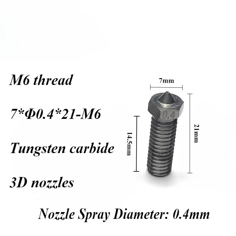 3D V6 Nozzle Solid Carbide 92.5hra Nozzle 3d Printer 0.4/0.5/0.6mm Nozzles for 3D Printer
