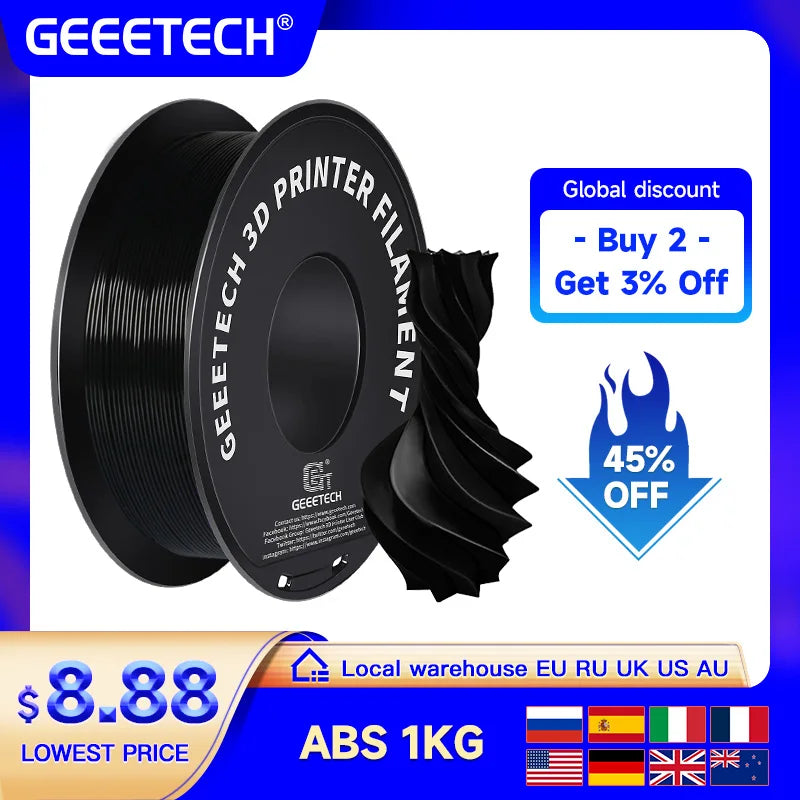 Geeetech ABS+3D Filament 1.75mm 1KG Plastic, 3D Printer Material, Tangle-Free, Non-Toxic, Vacuum Packaging White Black Red Blue